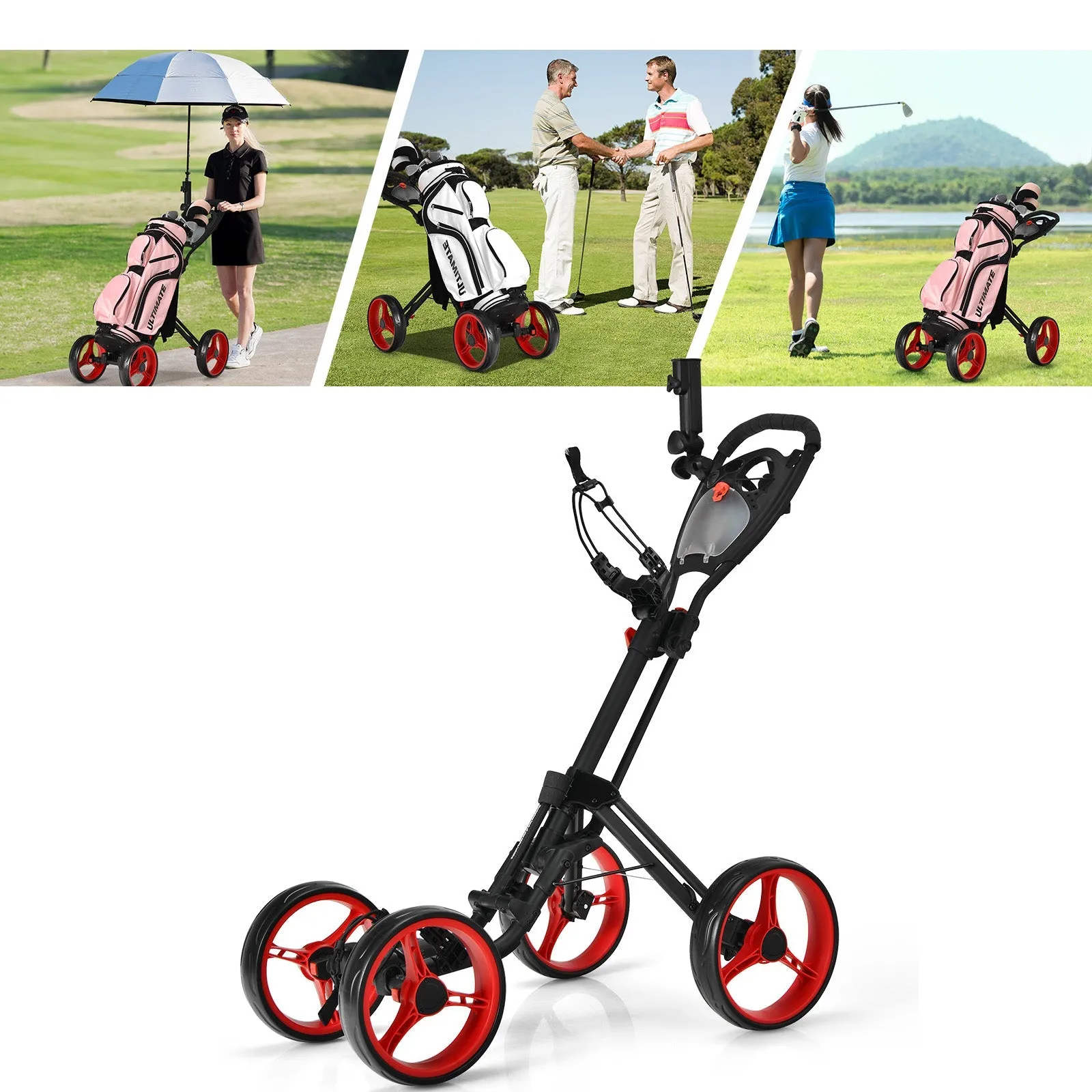 4-Wheel Golf Trolley with Umbrella Cup Holder and Foot Brake-Red