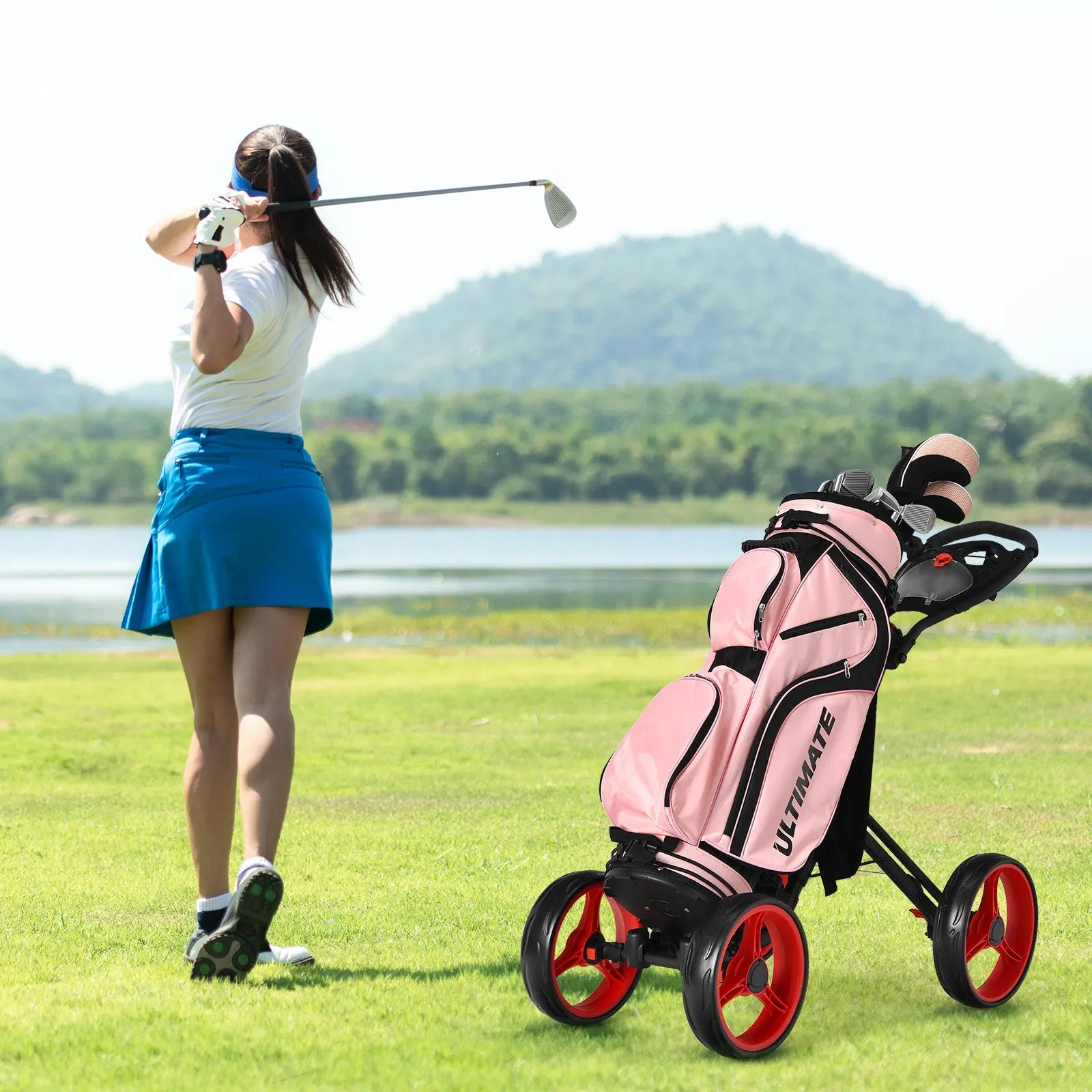 4-Wheel Golf Trolley with Umbrella Cup Holder and Foot Brake-Red