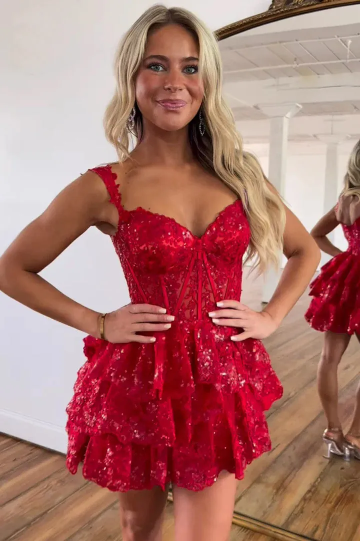 A-Line Sequins Appliques Red Short Homecoming Cocktail Dress PD497