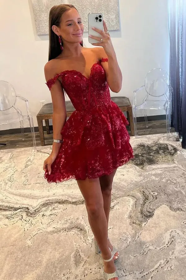 A-Line Sequins Appliques Red Short Homecoming Cocktail Dress PD497