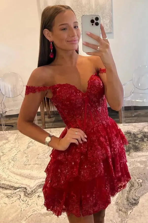 A-Line Sequins Appliques Red Short Homecoming Cocktail Dress PD497