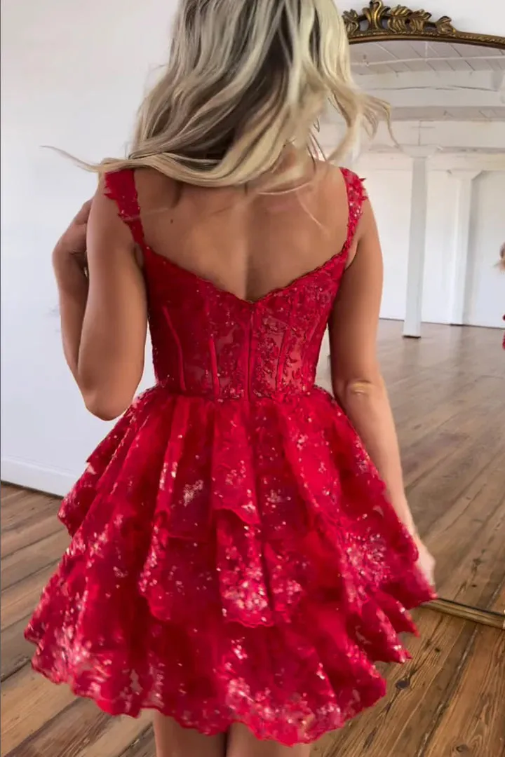 A-Line Sequins Appliques Red Short Homecoming Cocktail Dress PD497