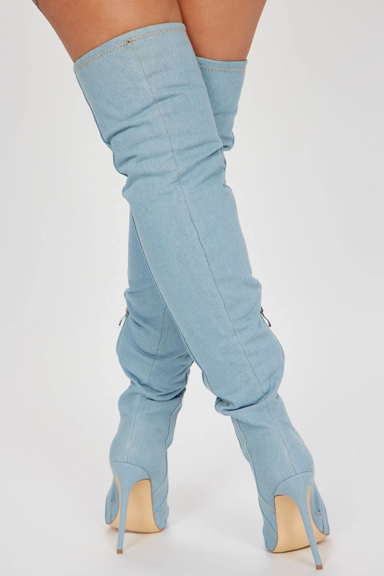 All You Desire Over The Knee Boots - Acid Wash Denim