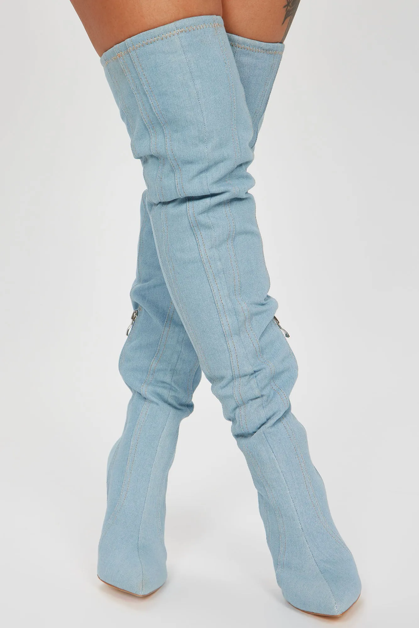 All You Desire Over The Knee Boots - Acid Wash Denim