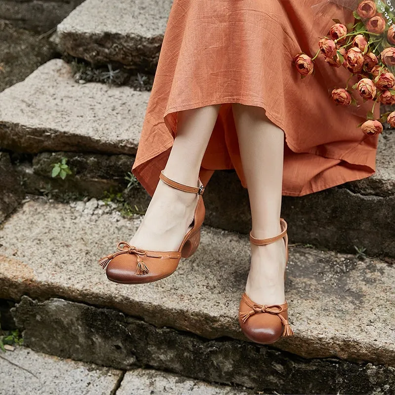 Ankle Strappy Leather Pumps Retro Mary Jane Heels With Bowknot in Coffee/Yellow/Brown