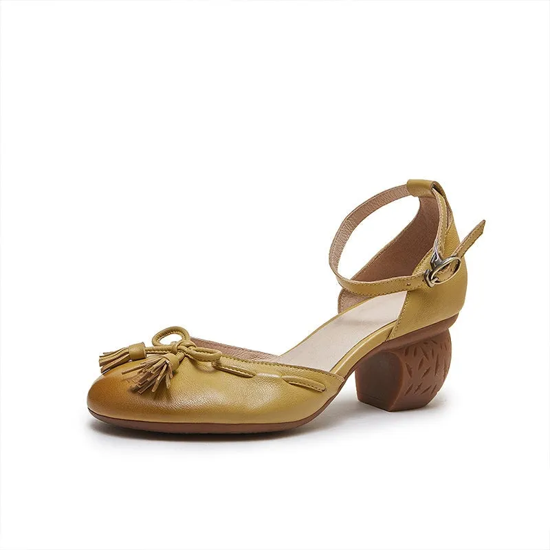 Ankle Strappy Leather Pumps Retro Mary Jane Heels With Bowknot in Coffee/Yellow/Brown