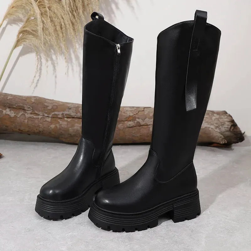 Autumn Winter Women Knee-High Boots Casual Platform Heels Shoes Designer Long Largas Booties