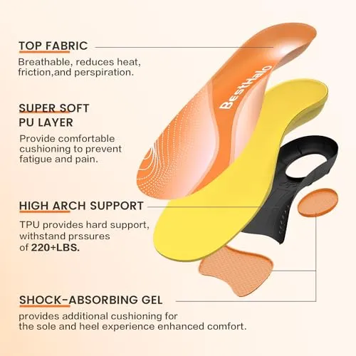 BestHalo Plantar Fasciitis Insoles - High Arch Support Inserts, Gel Cushion, Relief for Flat Feet - 220  lbs Orthotics Insoles Ideal for Work Boots (Orange, Men 7-8.5 | Women 8-9.5)