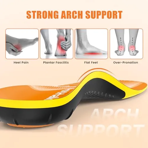 BestHalo Plantar Fasciitis Insoles - High Arch Support Inserts, Gel Cushion, Relief for Flat Feet - 220  lbs Orthotics Insoles Ideal for Work Boots (Orange, Men 7-8.5 | Women 8-9.5)