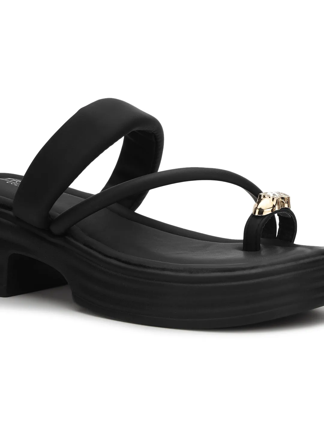 Black PU Diamond Toe Ring Slip-On Flats (TC-RS3596-BLK)