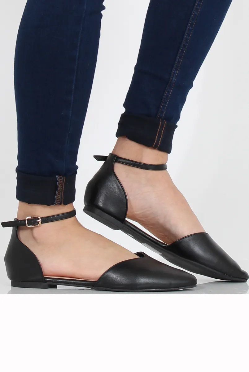 Black PU Pointed Flat Shoes - Kelsa