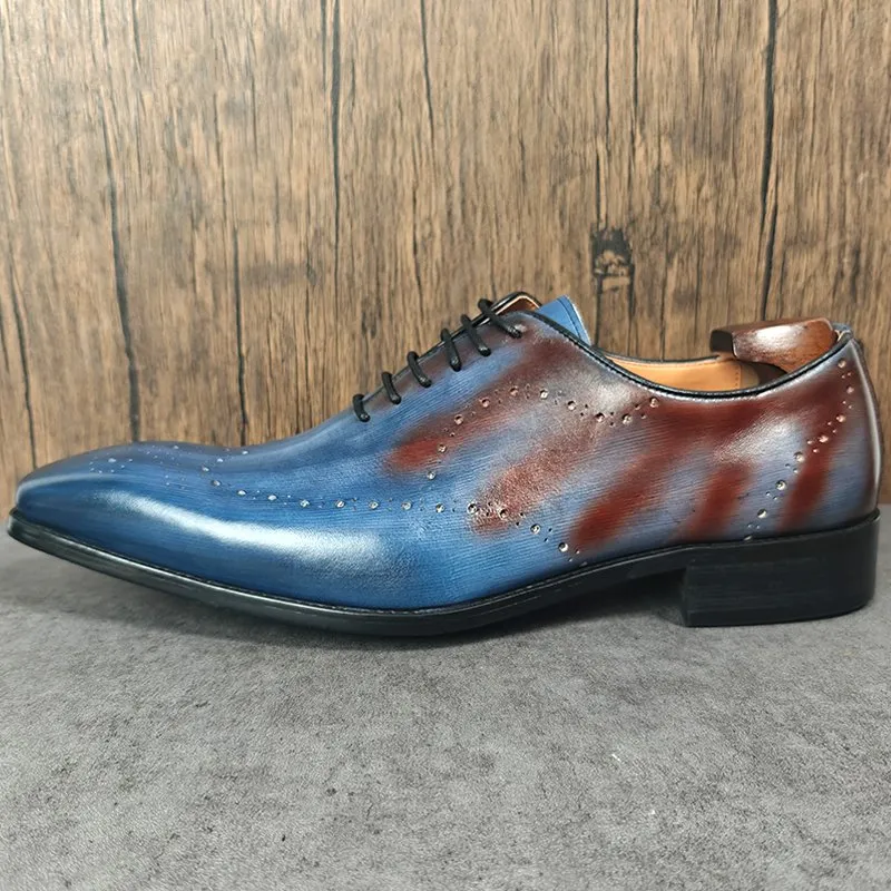 Blue Red Pointed Toe Leather Loafers