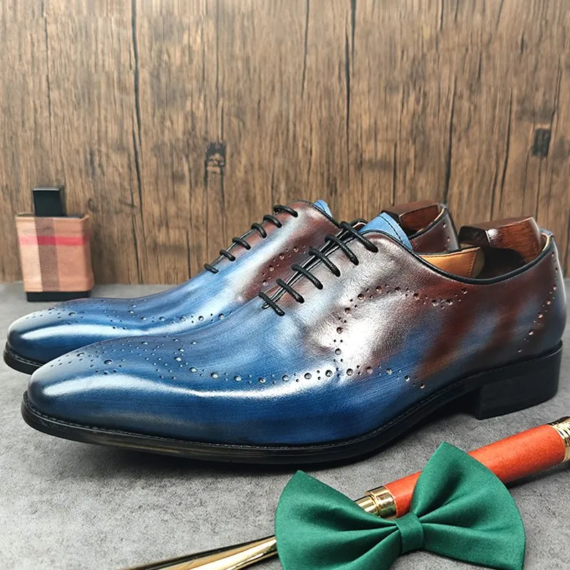 Blue Red Pointed Toe Leather Loafers