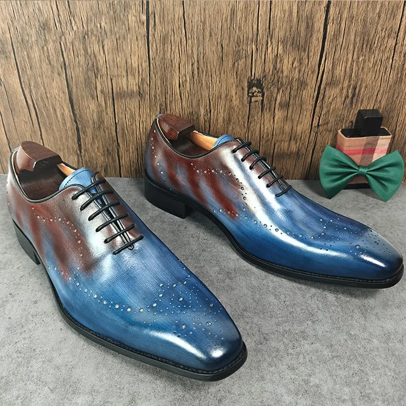 Blue Red Pointed Toe Leather Loafers