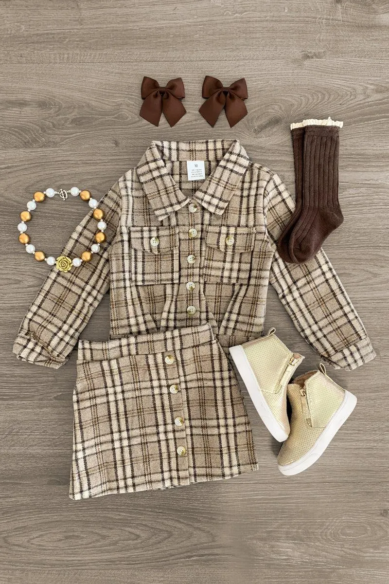 Brown Plaid Skirt Set