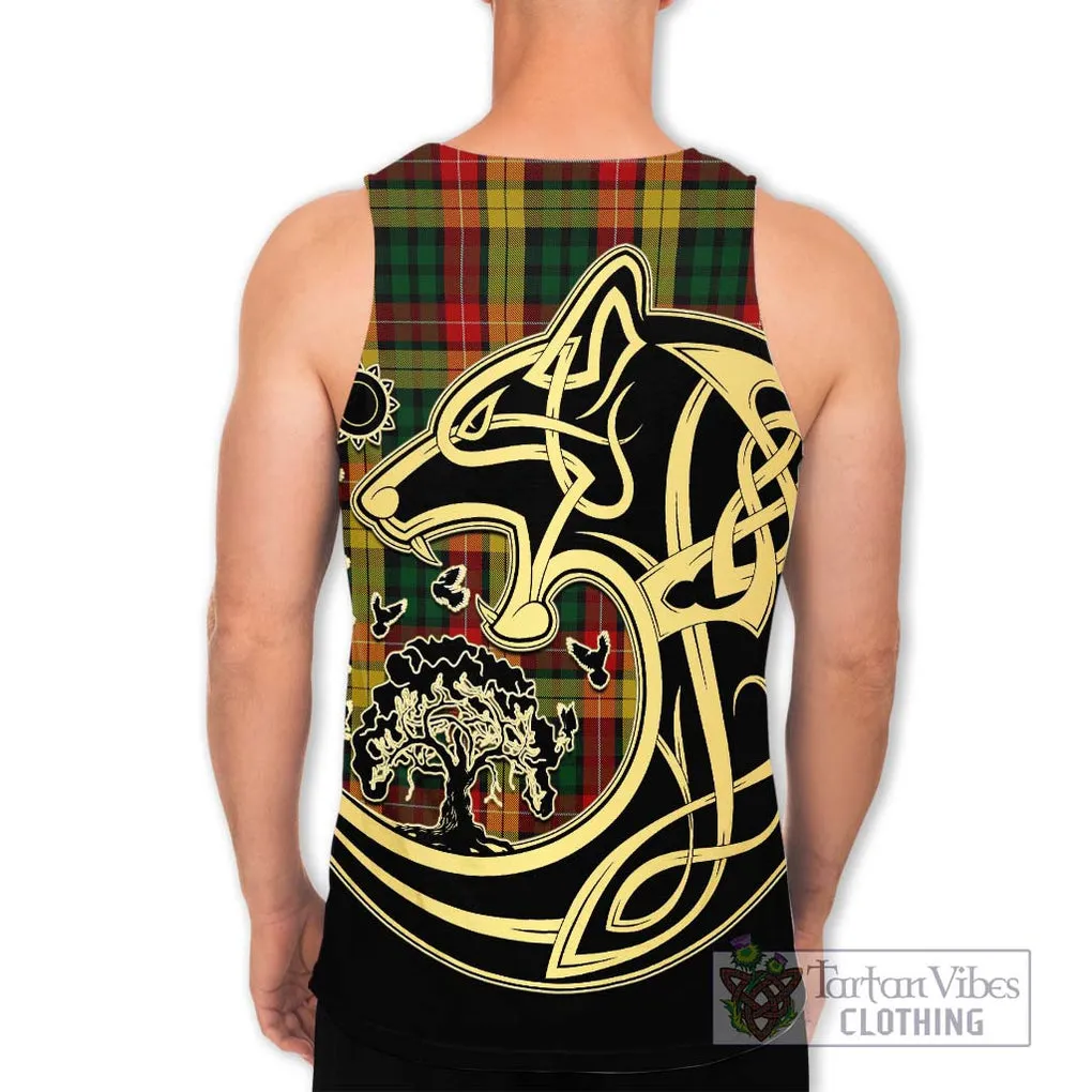 Buchanan Tartan Men's Tank Top with Family Crest Celtic Wolf Style