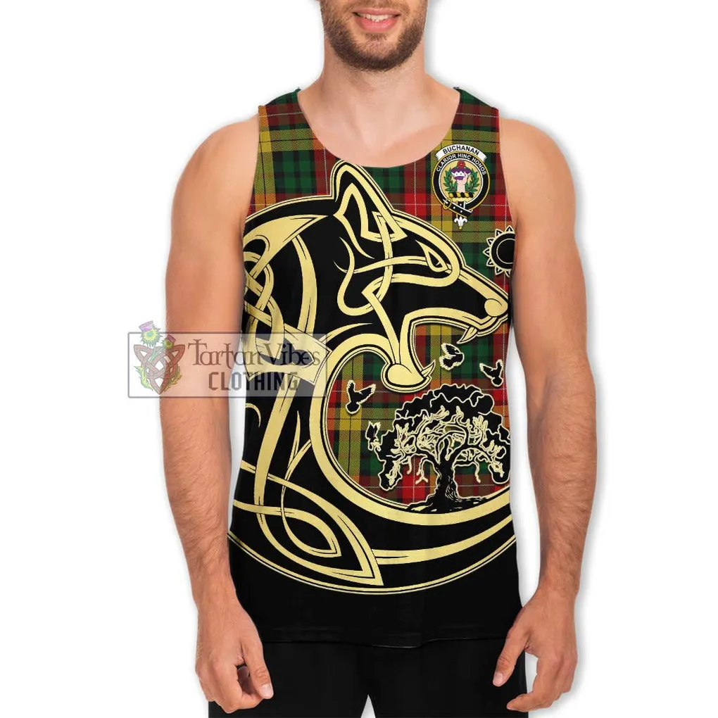 Buchanan Tartan Men's Tank Top with Family Crest Celtic Wolf Style