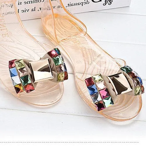 Butterflykont Beaded Crystal Transparent Peep Toe Slip On Flat Beach Sandals