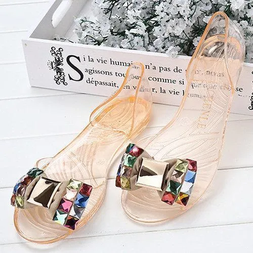 Butterflykont Beaded Crystal Transparent Peep Toe Slip On Flat Beach Sandals