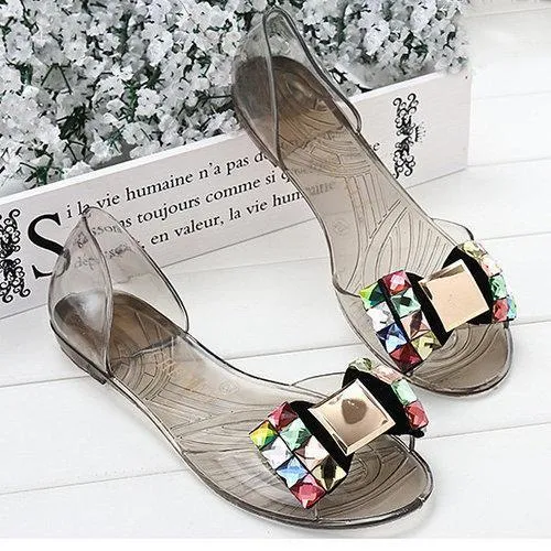 Butterflykont Beaded Crystal Transparent Peep Toe Slip On Flat Beach Sandals