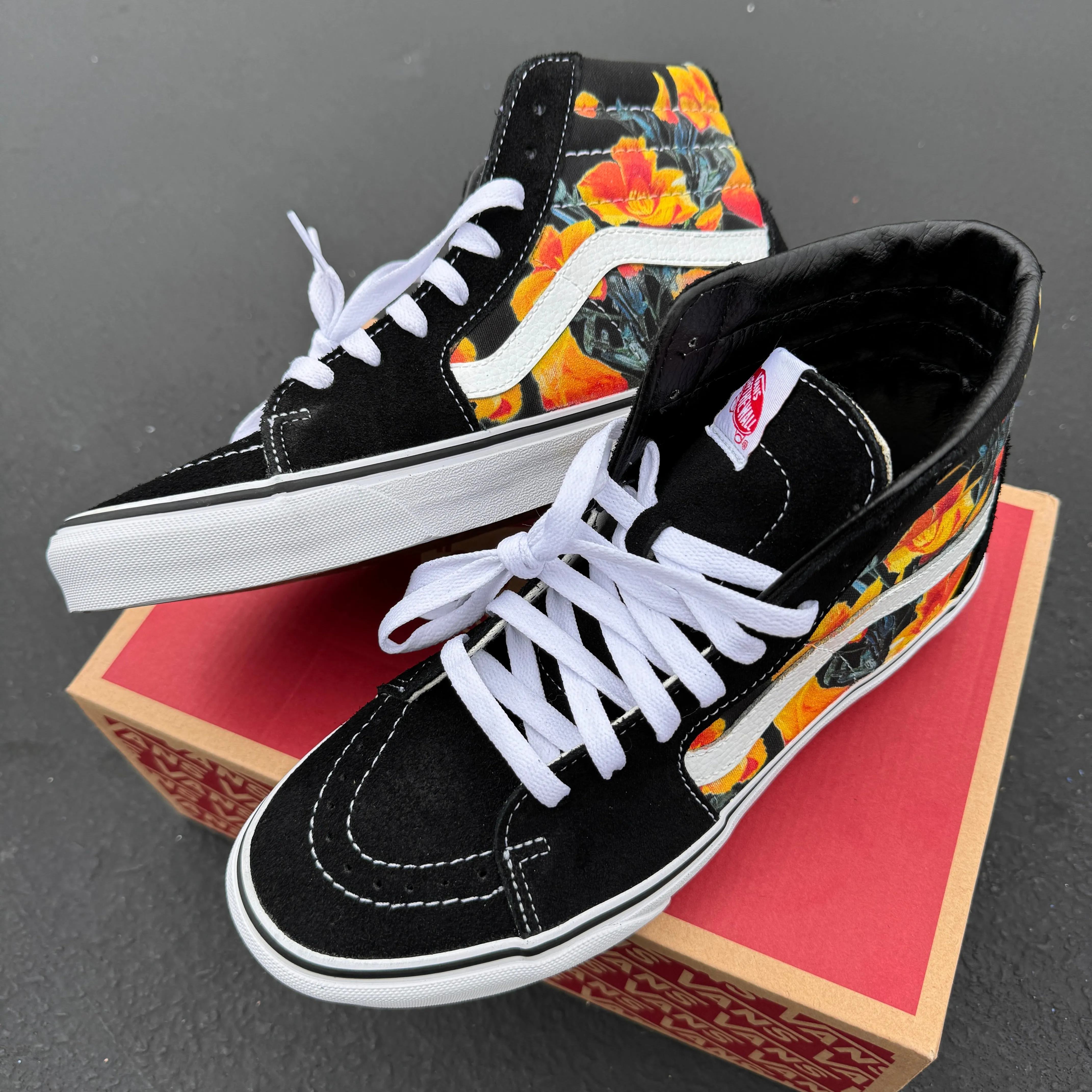 California Poppy Flowers on Black Vans SK8-Hi Shoes