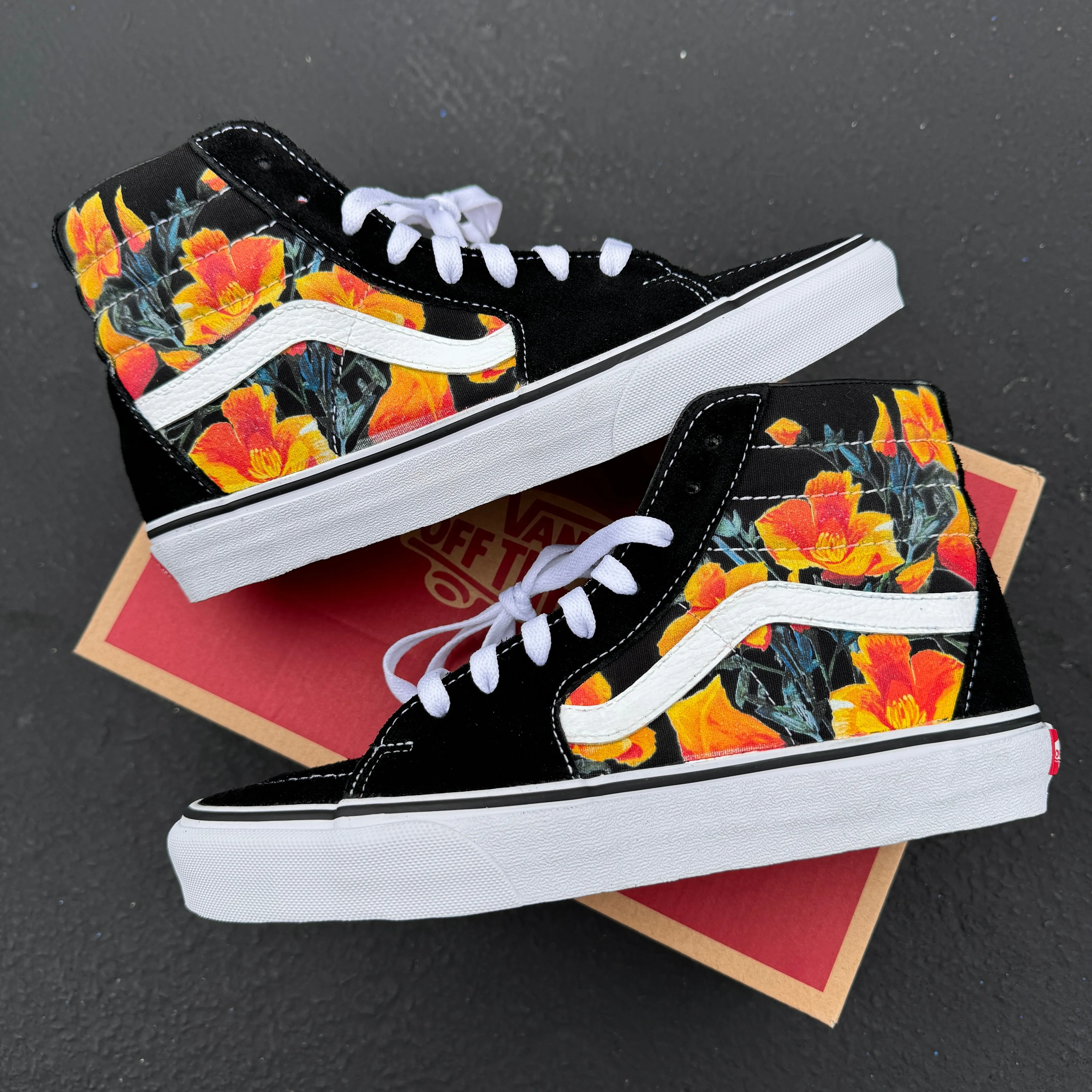 California Poppy Flowers on Black Vans SK8-Hi Shoes