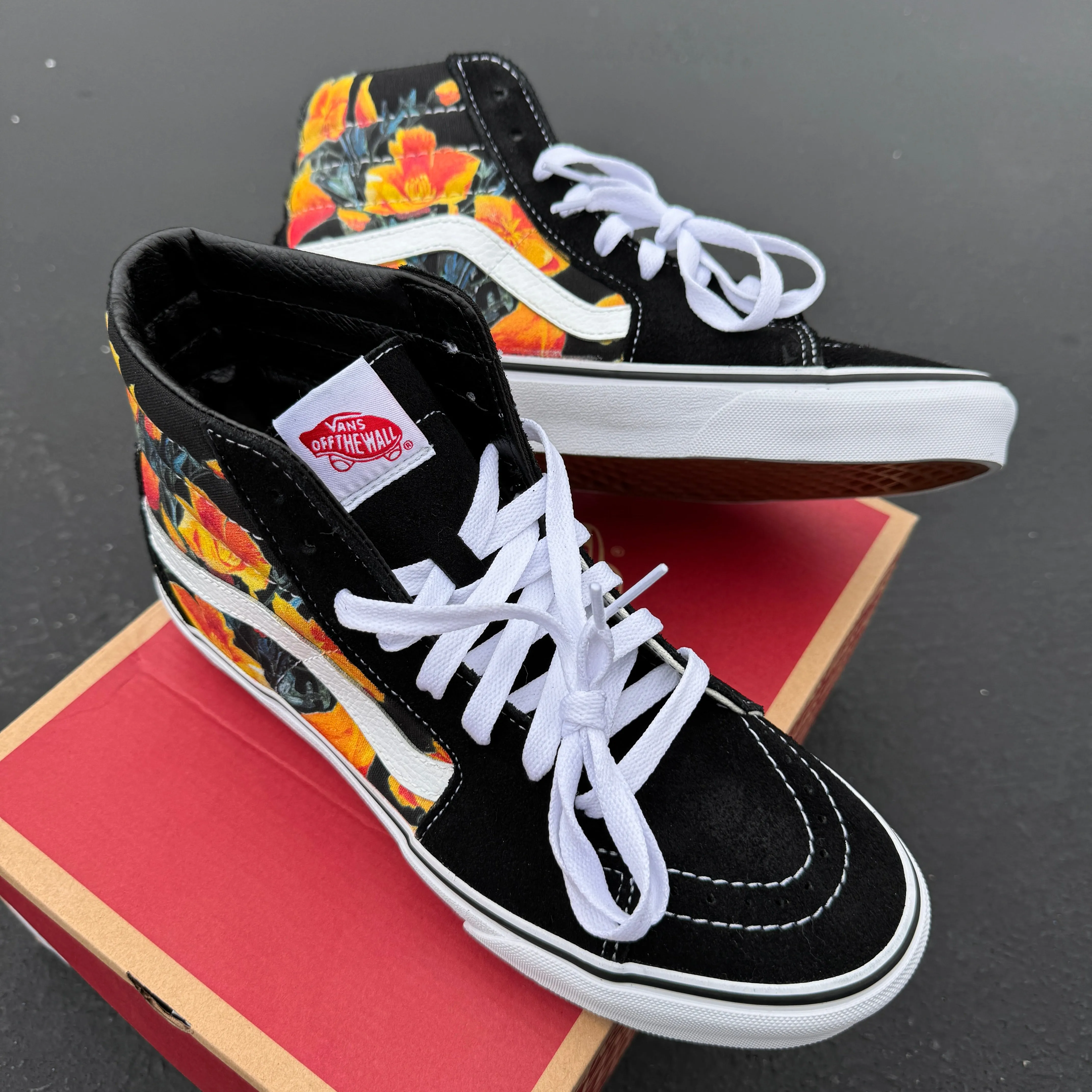 California Poppy Flowers on Black Vans SK8-Hi Shoes