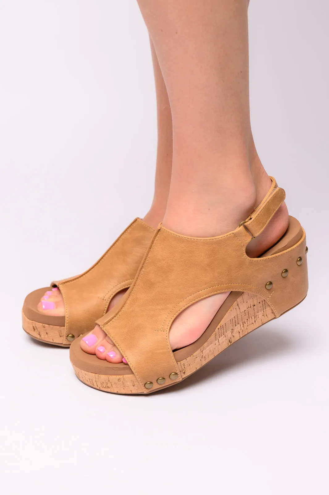 Carley Wedge Sandals in Caramel Smooth - CORKYS