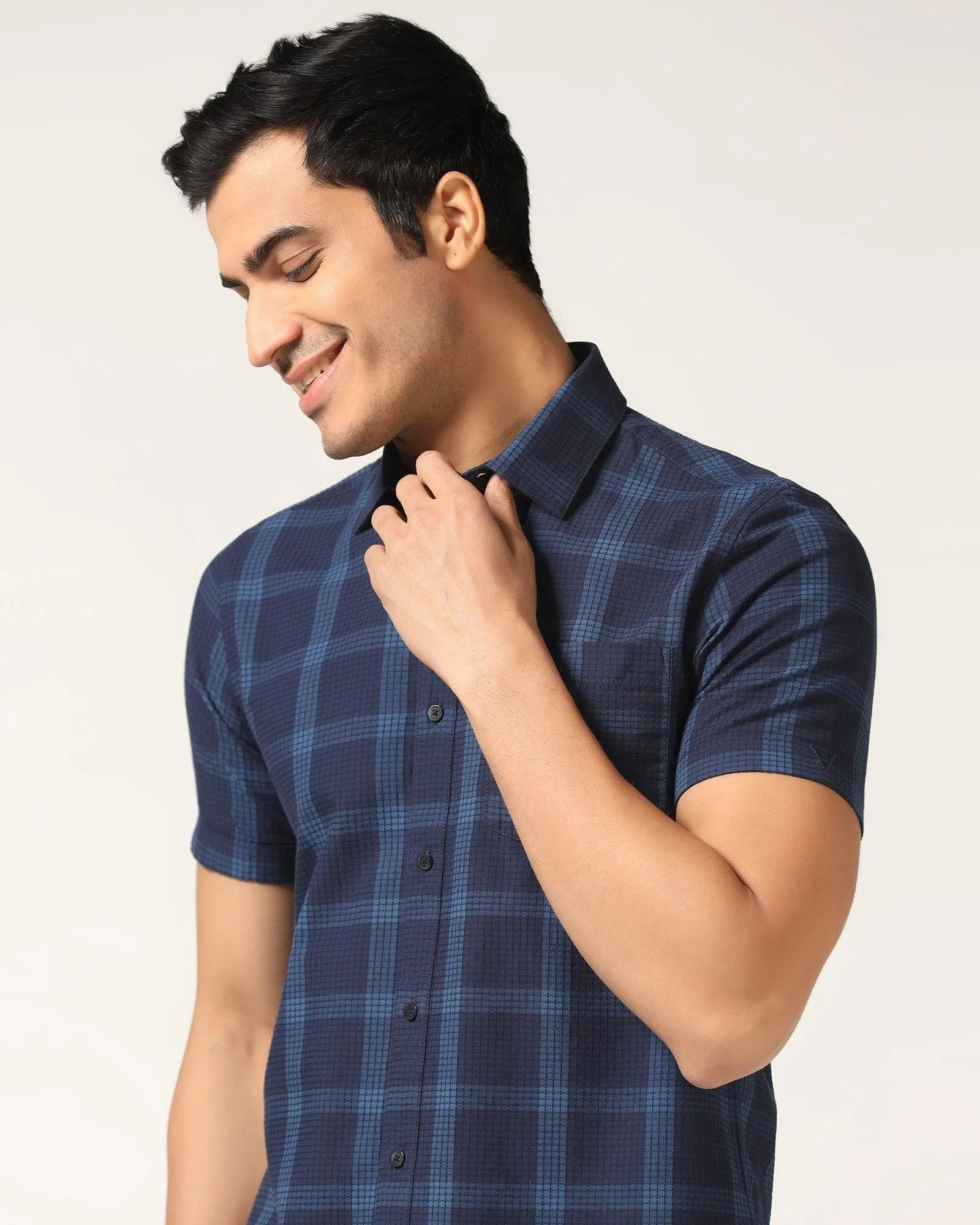 Casual Half Sleeve Blue Check Shirt - Audrey