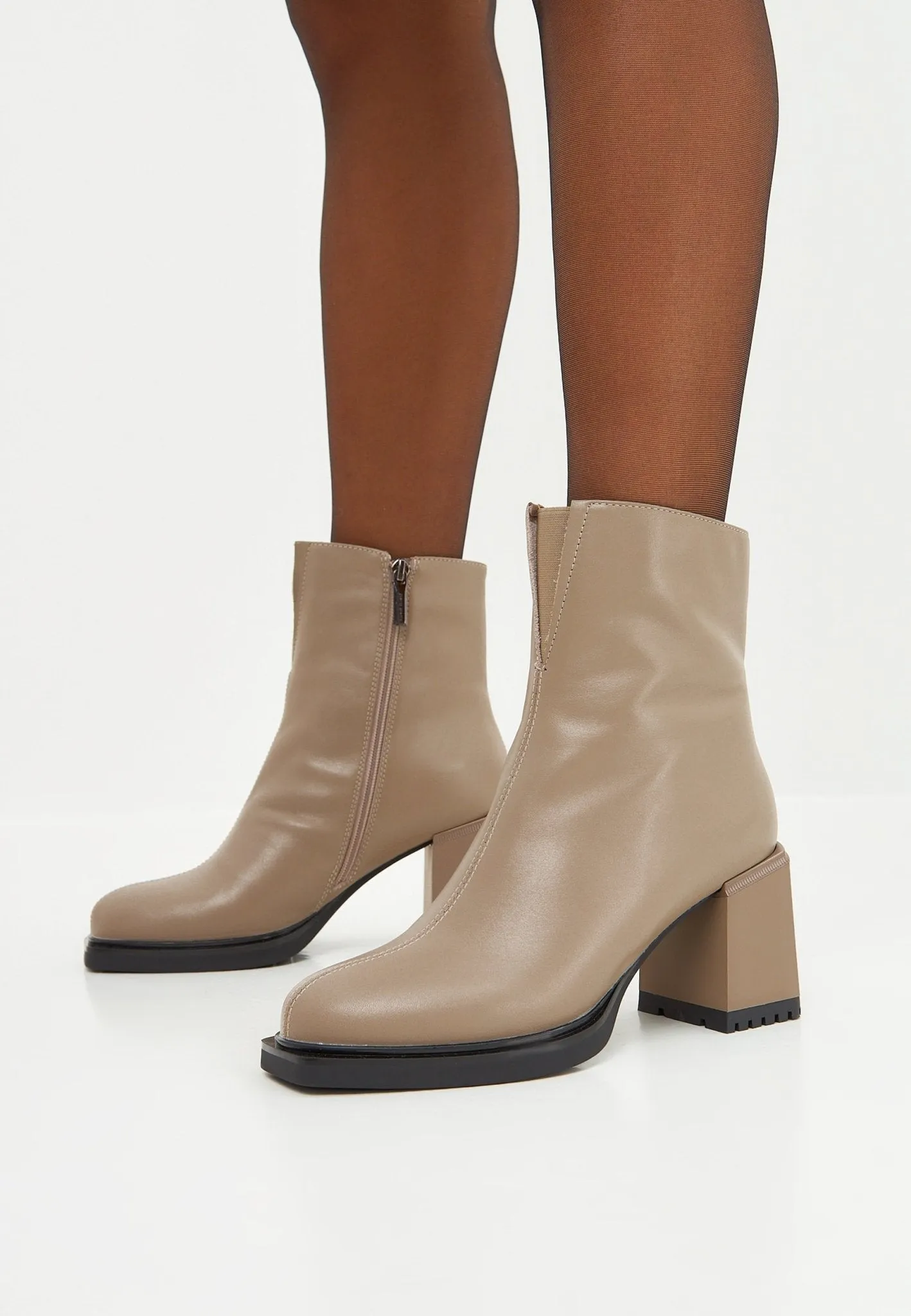 Casual High Heeled Ankle Boots - Beige