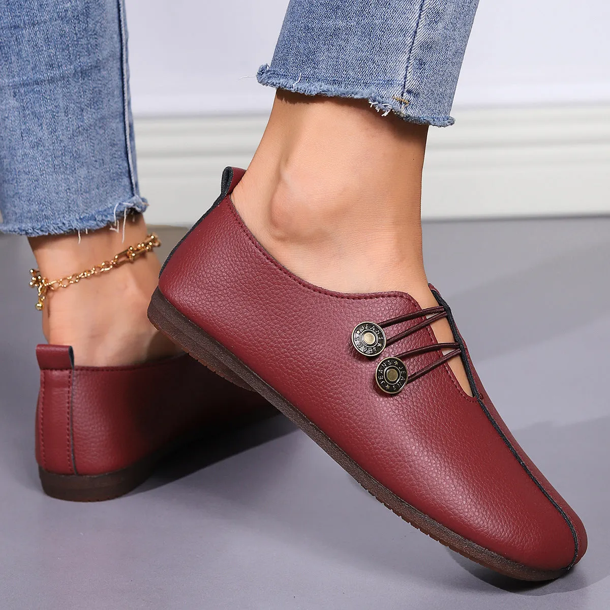 Casual Square Toe Flats Shoes Fashion Slip-on Button Loafers Women Shoes