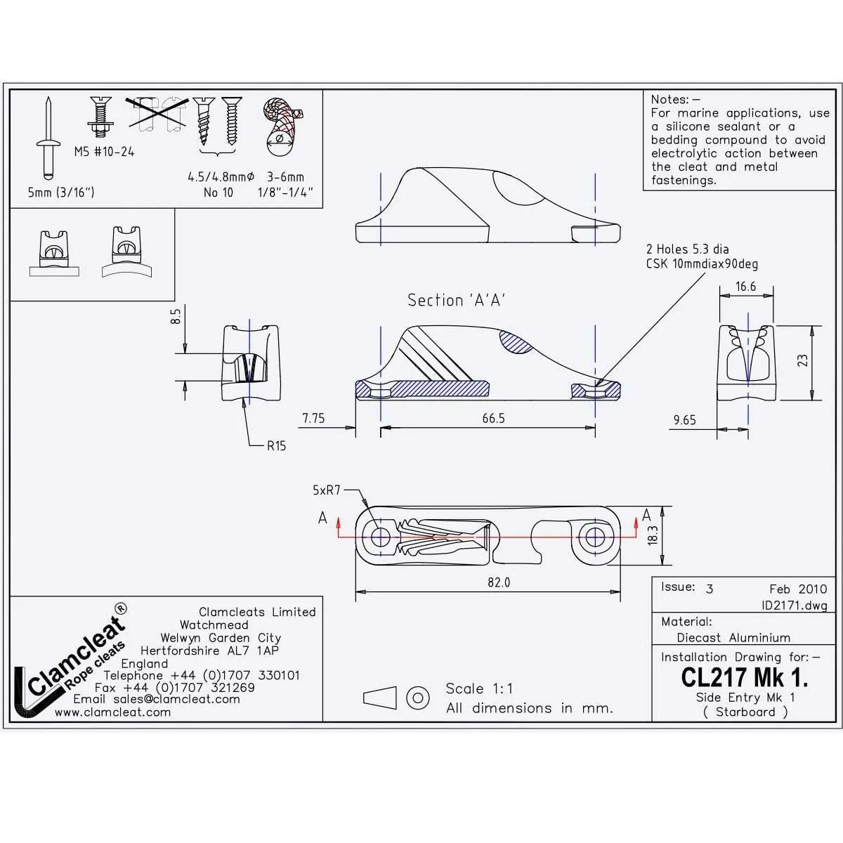 Clamcleat CL217 Mk1AN Side Entry - Starboard - CL217 MK1AN