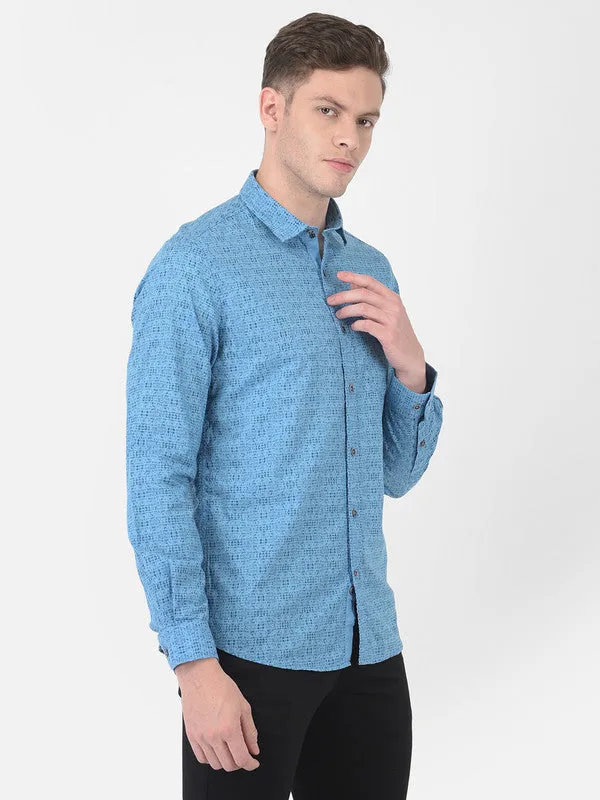 Cotton Blue Slim Fit Printed Casual Shirts