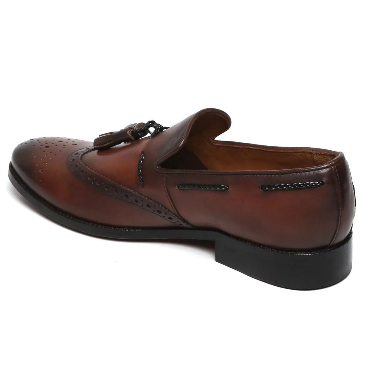 Dark Brown Side Lacing Medallion Toe Formal Tassel Slip-On Shoes By Brune & Bareskin