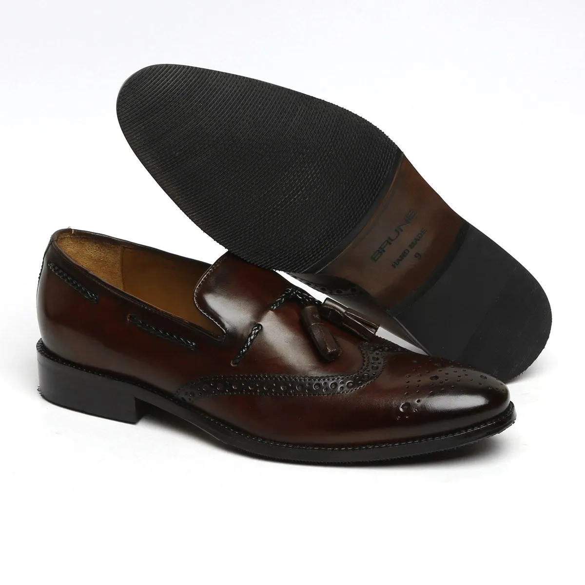 Dark Brown Side Lacing Medallion Toe Formal Tassel Slip-On Shoes By Brune & Bareskin