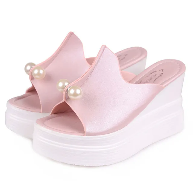 Designer Women Summer Sandals Thick Heel Platform Wedges Sexy Beading Slippers