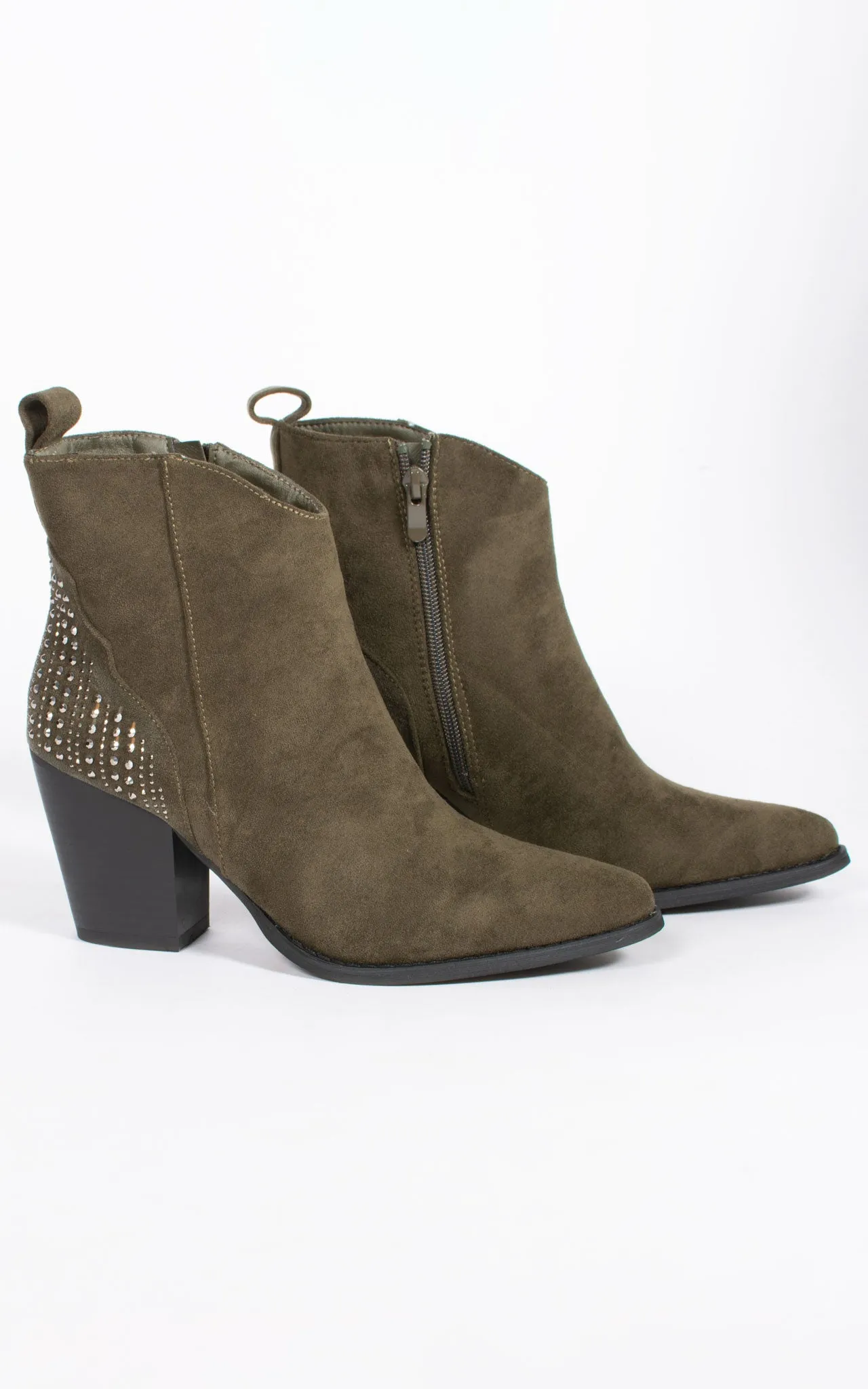 Diamante Heel Cowboy Ankle Boot | Khaki