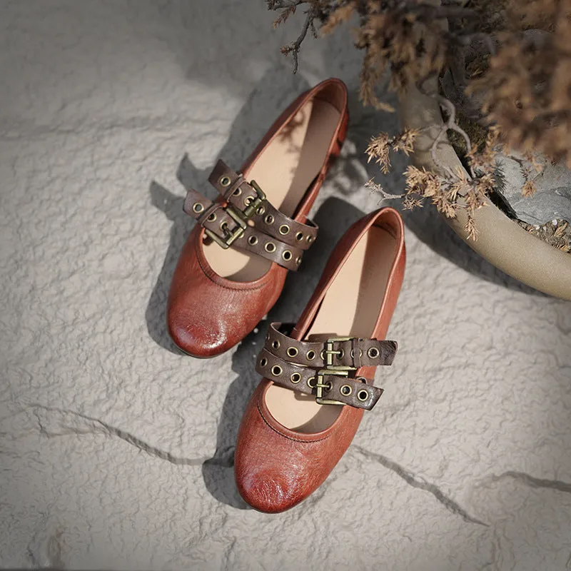 Elegant Handmade Washed Horse Leather Mary Jane Flats with Double Belts for Women