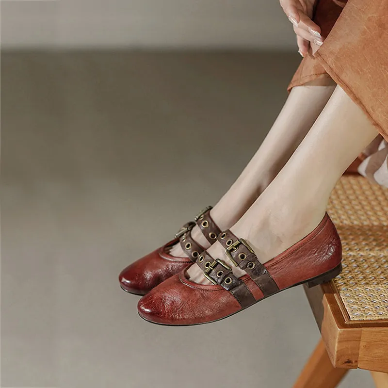 Elegant Handmade Washed Horse Leather Mary Jane Flats with Double Belts for Women