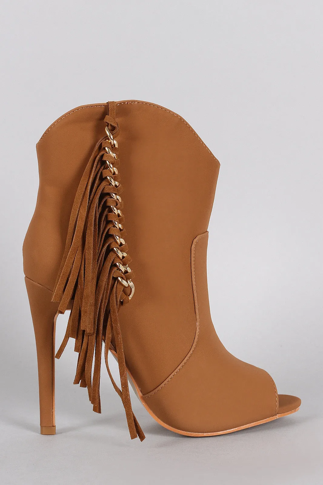 Fringe Chained Peep Toe Stiletto Booties