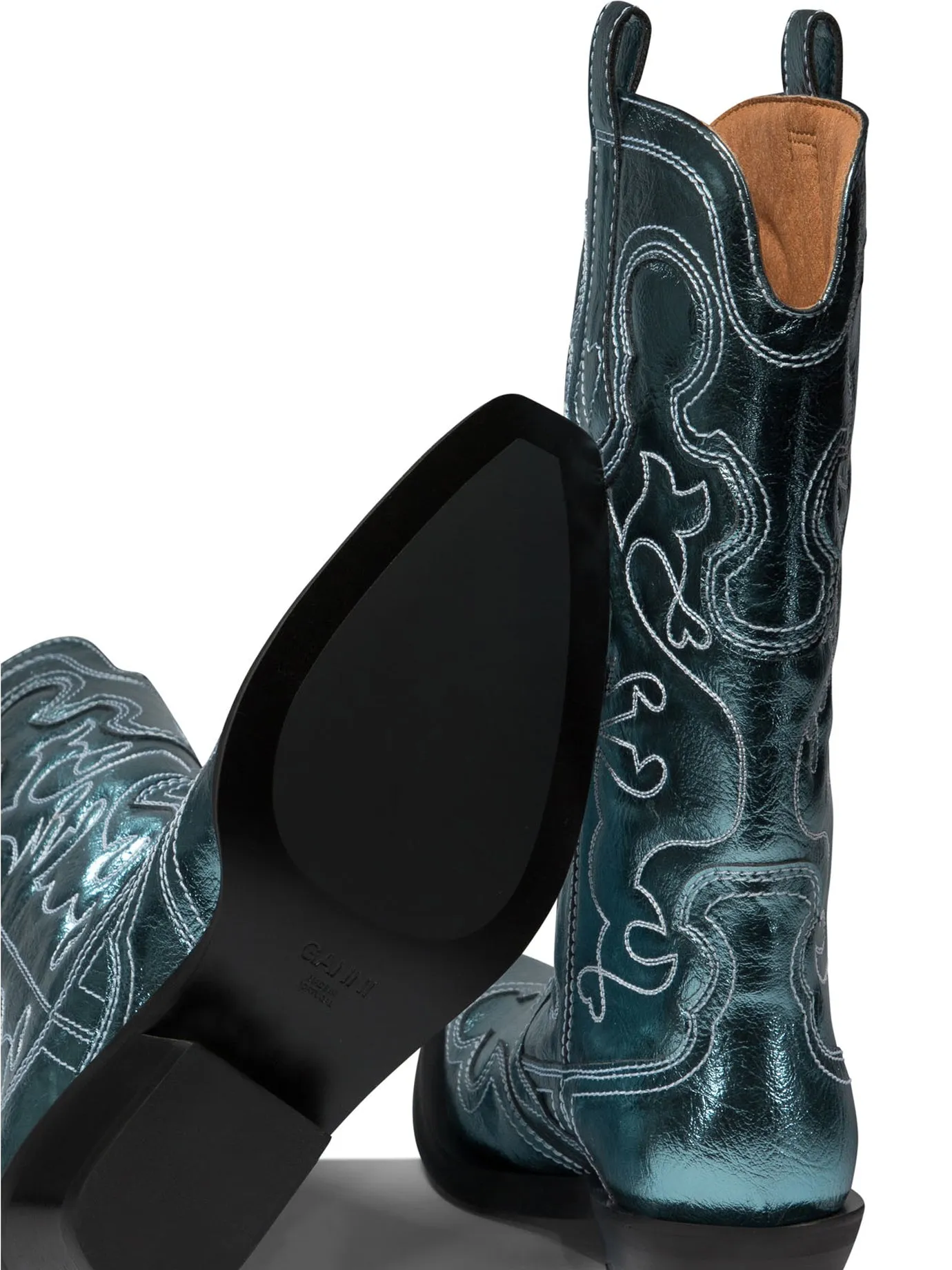 GANNI Chic Western-Inspired Metallic Blue Embroidered Boots