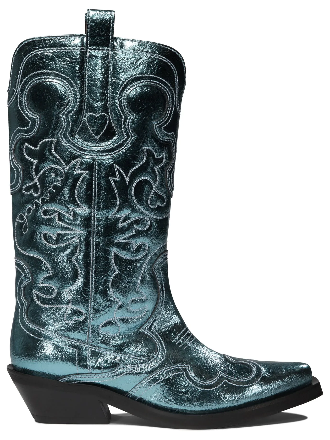 GANNI Chic Western-Inspired Metallic Blue Embroidered Boots