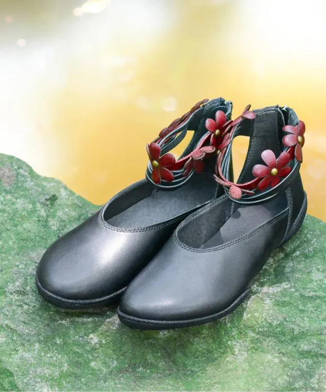 Genuine Leather Black Flat Shoes For Women Buckle Strap Flat Shoes For Women