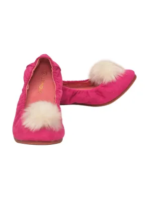 Girls Fuchsia Suede Faux Fur Pom Pom Flats 7-10 Toddler