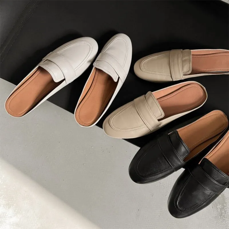 Handmade Leather Loafer Mules for Women Backless Loafers in Black/White/Apricot