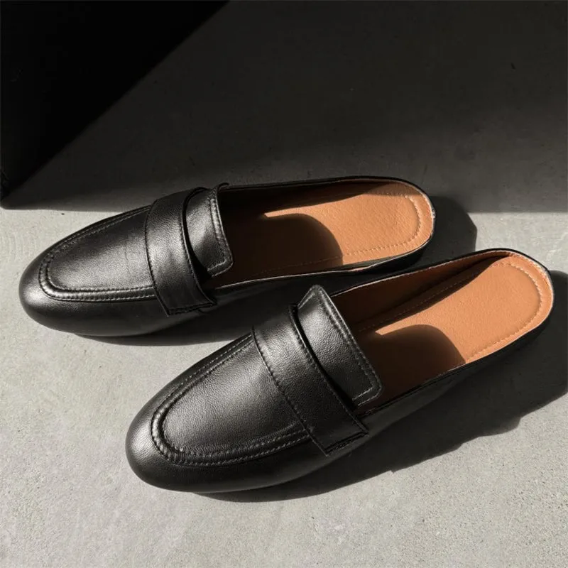 Handmade Leather Loafer Mules for Women Backless Loafers in Black/White/Apricot