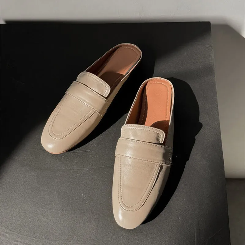 Handmade Leather Loafer Mules for Women Backless Loafers in Black/White/Apricot