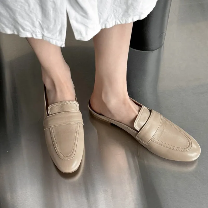 Handmade Leather Loafer Mules for Women Backless Loafers in Black/White/Apricot