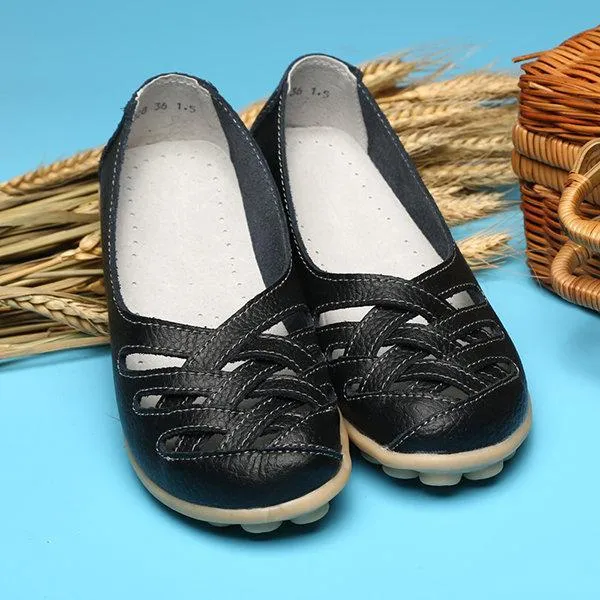 Hollow Out Leather Breathable Casual Slip On Moccasin For Women