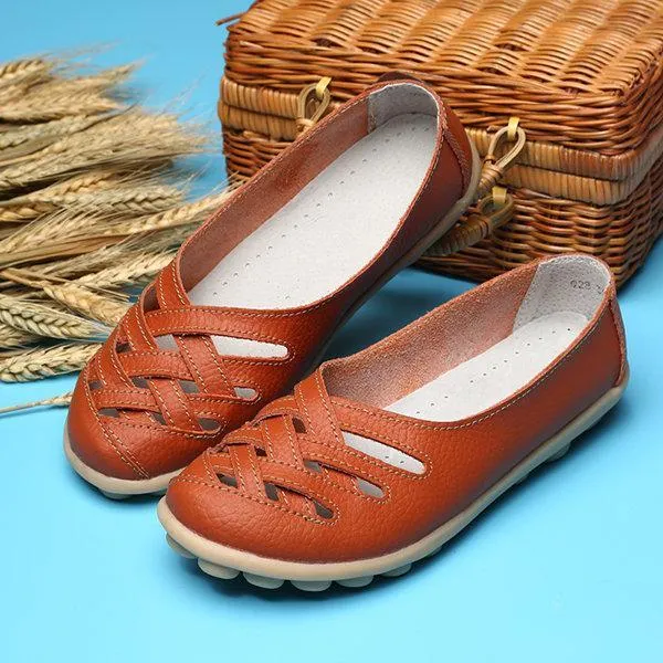 Hollow Out Leather Breathable Casual Slip On Moccasin For Women